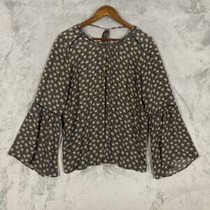 LOFT Blouse Sz M Brown Peacock Feather Print Bell Sleeve Flowy Boho Whimsigoth